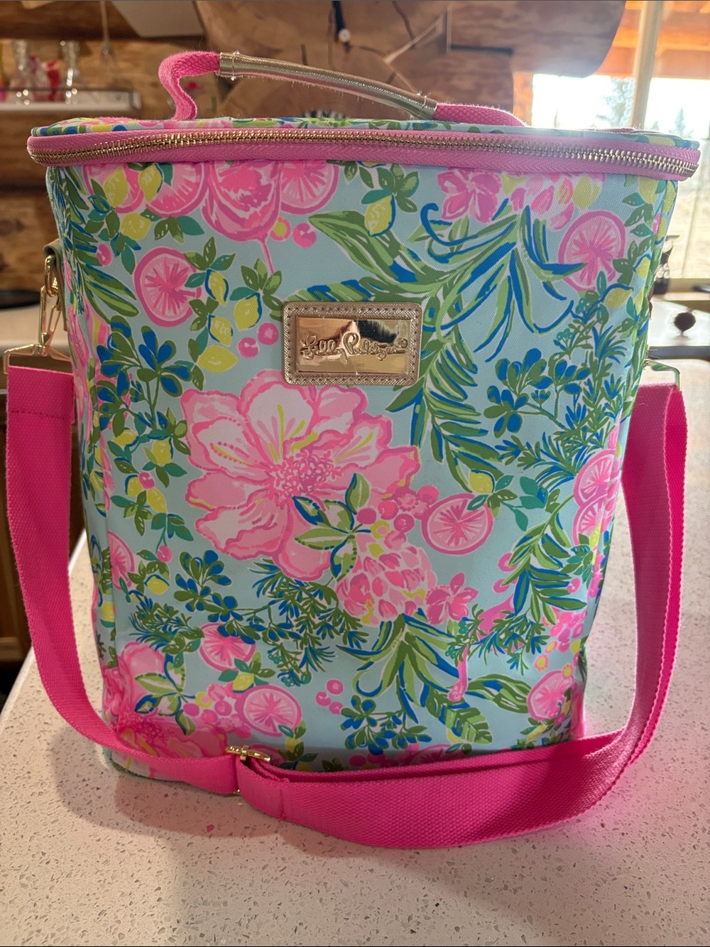 Lilly Pulitzer Pink & Aqua Floral Cooler Bag with Gold Plate